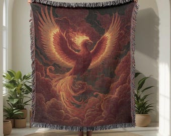 Phoenix Rising From Ashes 100% Cotton Woven Blanket, Fantasy Lover Woven Throw, Rebirth Symbol Cotton Afghan, Spiritual Gift For Friend.