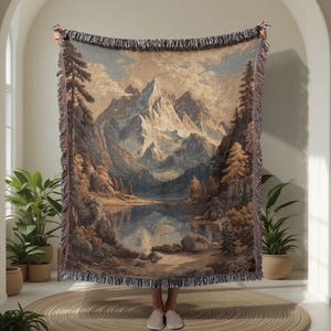 Mountain Lover Gift 100% Cotton Woven Blanket, Hiker Present Throw Blanket, Rustic Cabin Decor Tapestry, Camper Gift Bedspread, Outdoor Adventure Decor