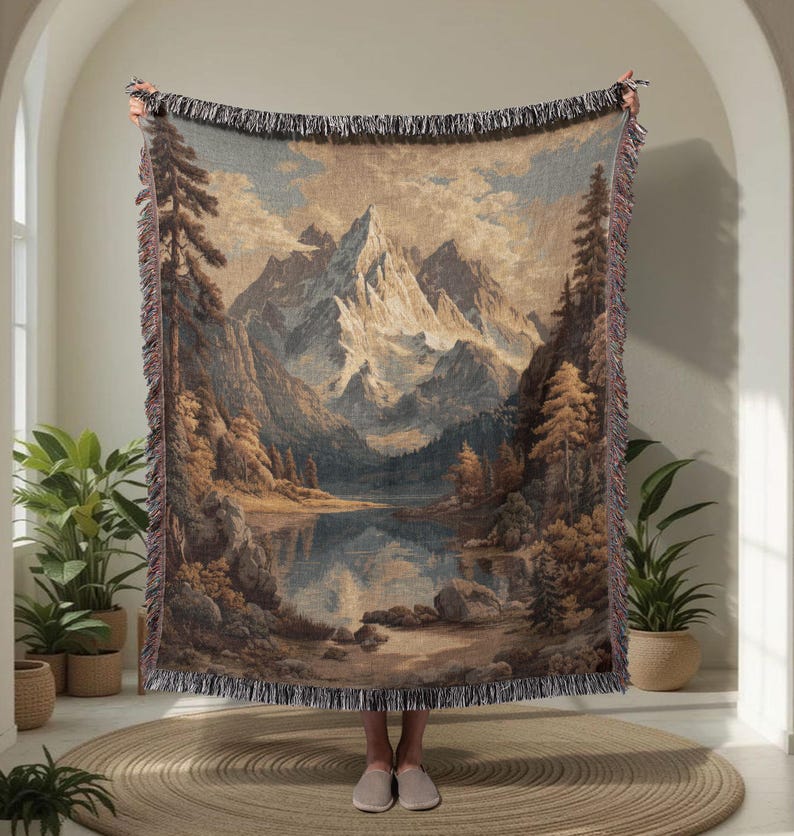 Mountain Lover Gift 100% Cotton Woven Blanket, Hiker Present Throw Blanket, Rustic Cabin Decor Tapestry, Camper Gift Bedspread, Outdoor Adventure Decor