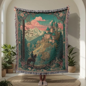 Couverture tissée 100 % coton Fantasy Castle, couverture tissée passe-temps pour les amoureux des livres, couverture tissée Knight Adventure, jeté relation amoureuse de conte de fées