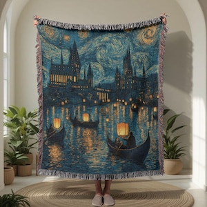 Wizard School 100% Cotton Woven Blanket, Magic Castle Woven Throw, Fan Art Tapestry Blanket, Gift For Potter Fan Friend, Art Lover Couch