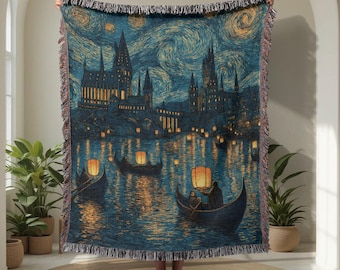 Tovenaarsschool 100% katoenen geweven deken, magisch kasteel geweven plaid, fanart wandtapijtdeken, cadeau voor vriend pottenbakker fan, kunstliefhebber bank