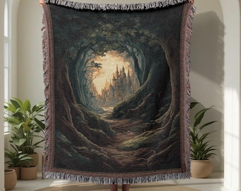 Enchanted Forest 100% Cotton Woven Blanket, Fantasy Reader Woven Tapestry, Rpg Gamer Couch Throw, Gift Book Lover Friend, Medieval Bedspread