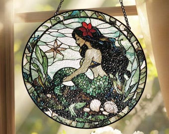 Atrapasueños de vitral con diseño de sirena, panel artístico de criatura marina mítica, decoración para ventanas para amantes del océano, regalo de fantasía único.