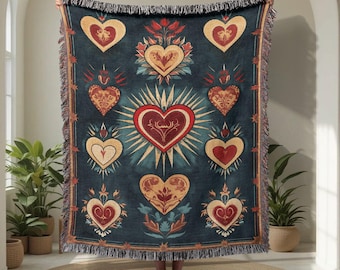 Título: Manta religiosa del Sagrado Corazón, 100% algodón tejido, manta devocional cristiana, tapiz de decoración para el hogar con temática de fe católica.