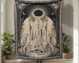 Hecate Goddess 100% Cotton Woven Blanket, Witchcraft Decor Woven Throw, Spiritual Mystic Gift, Pagan Altar Tapestry Blanket, Occult Tarot