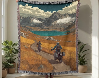 Motorcycle Adventure 100% katoenen geweven deken voor motorrijders, deken voor bergpaden, deken voor schilderachtige rittapijten, buitenliefhebber.