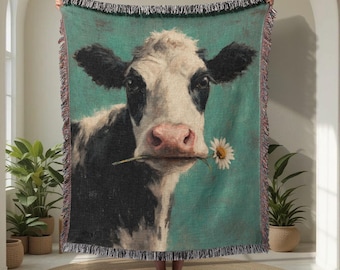 Koe met madeliefje, geweven deken van 100% katoen, boerderijdieren deken, rustieke landelijke deken, knusse deken voor natuurliefhebbers, ideaal cadeau
