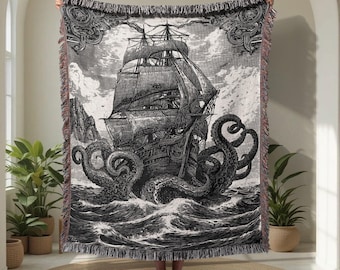 Kraken Mythology 100% Cotton Woven Blanket, Gift For Sailor, Pirate Ship Tapestry, Nautical Dad Throw Blanket, Cthulhu Lover , Dark Blanket