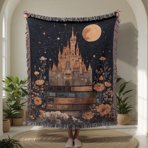 Fantasy Castle 100% Cotton Woven Blanket, Storybook Castle Throw Blanket, Magical Moonlight Woven Blanket, Fairy Tale Decor Woven Blanket