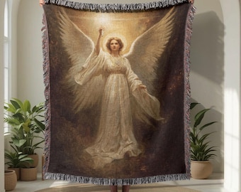 Hemelse engel 100% katoenen geweven deken, heilige kunst religieus plaid, goddelijke aanwezigheid christelijk huisdecor, spiritueel comfort deken cadeau.
