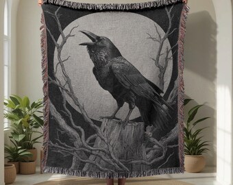 Mystical Raven 100% Cotton Woven Blanket, Gothic Crow Woven Blanket, Nature Lover Woven Blanket, Dark Forest Woven Blanket, Animal Wildlife