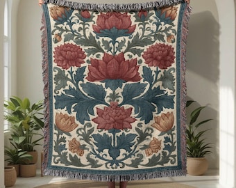 Vintage bloemen 100% katoenen geweven deken, cadeau voor tuinman Geweven deken, kunstnijverheidsdeken, geweven deken Botanisch Home Decor
