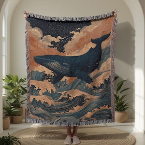 Ocean Whale 100% Cotton Woven Blanket, Marine Life Woven Blanket, Nature Lover Woven Blanket, Sea Animal Woven Blanket, Wildlife Adventure Woven Blanket