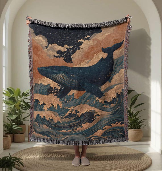 Ocean Whale 100% Cotton Woven Blanket, Marine Life Woven Blanket, Nature Lover Woven Blanket, Sea Animal Woven Blanket, Wildlife Adventure