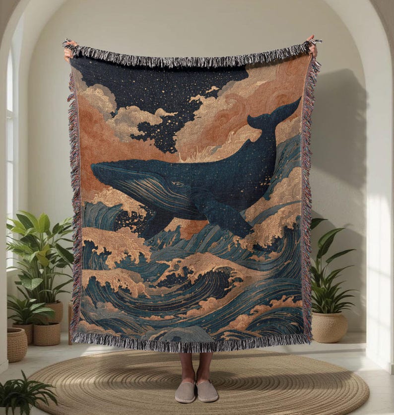Ocean Whale 100% Cotton Woven Blanket, Marine Life Woven Blanket, Nature Lover Woven Blanket, Sea Animal Woven Blanket, Wildlife Adventure Woven Blanket