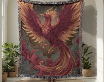 Phoenix Rising 100% Cotton Woven Blanket, Mythical Firebird Throw Blanket, Gift For Renewal, Symbol Of Rebirth Tapestry Blanket Decor Home.