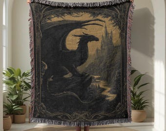 Fantasy Dragon 100% Cotton Woven Blanket, Medieval Castle Woven Blanket, Mythical Creature Woven Blanket, Fantasy Art Woven Blanket Decor.