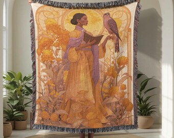 Manta tejida Art Nouveau para mujer, 100 % algodón, ideal como regalo para amantes de los libros, ideal como manta de sofá para bibliotecarias, ideal como manta de fantasía.