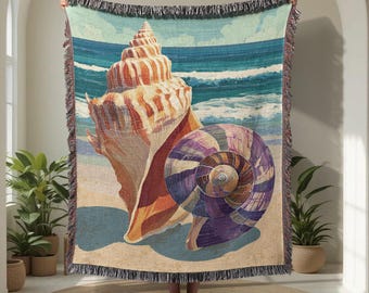 Manta tejida 100% algodón con diseño de conchas marinas, manta playera con diseño vintage de conchas, decoración veraniega para el hogar, regalo para amigos.