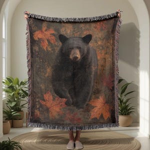 Wildlife Lover 100% Cotton Woven Blanket, Black Bear Woven Throw, Gift For Dad Tapestry Blanket, Hiker Gift Throw, Rustic Cabin Decor Woven Tapestry
