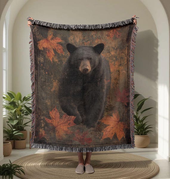 Wildlife Lover 100% Cotton Woven Blanket, Black Bear Woven Throw, Gift For Dad Tapestry Blanket, Hiker Gift Throw, Rustic Cabin Decor Home