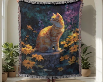 Ginger Cat 100% Cotton Woven Blanket, Cat Mom Gift Throw Blanket, Impressionist Art Lover Tapestry, Pet Owner Birthday Present, Gardener.