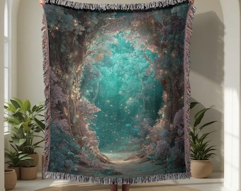 Enchanted Forest 100% Cotton Woven Blanket, Fantasy Lover Woven Throw, Book Reader Gift Tapestry Blanket, Nature Lover Decor, Mystical