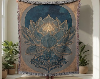 Lotus Flower 100% Cotton Woven Blanket, Spiritual Gift For Yogi Friend, Woven Throw, Yoga Teacher Gift, Meditation Decor, Buddhist Blanket