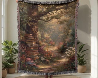 Book Lover 100% Cotton Woven Blanket, Librarian Teacher Gift Tapestry, Reading Hobby Woven Throw, Dark Academia Decor, Fantasy Fan Gift.