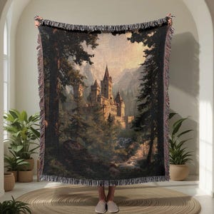 Dark Academia 100% Cotton Woven Blanket, Fantasy Castle Woven Throw, Fairytale Forest Tapestry Blanket, Medieval Decor, Gift For History.