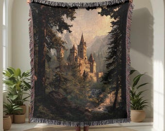 Dark Academia 100% katoenen geweven deken, fantasiekasteel geweven plaid, sprookjesbos tapijtdeken, middeleeuws decor, cadeau voor geschiedenis.