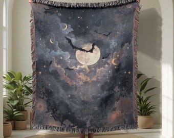 Gothic Decor 100% Cotton Woven Blanket, Witchy Celestial Throw, Bat Moon Art Tapestry, Dark Academia Bedding, Halloween Spooky Season Decor.