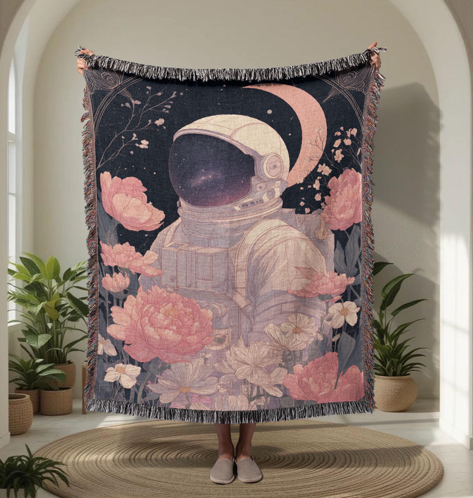 iMPeRF Astronaut Flower Woven Blanket Ｍ Astronaut Floral 100% Cotton Woven Blanket, Space Lover Gift