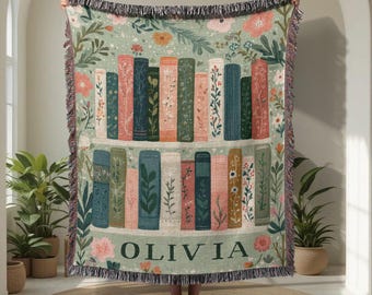 Gepersonaliseerde deken van 100% katoen voor boekenliefhebbers, op maat gemaakte deken voor lezers, deken met bloemenprint voor boekenplanken, hobbydeken, Olivia-deken