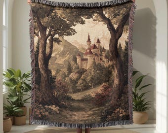 Middeleeuws kasteel 100% katoenen geweven deken, sprookjesdecor, cadeau Fantasy Reader wandtapijtdeken, Royalcore esthetische katoenen plaid