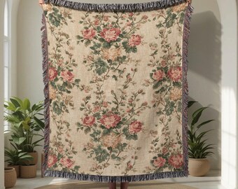 Vintage Floral 100% Baumwolle gewebte Decke, Cottagecore Decke, Geschenk für Mutter gewebter Wandteppich, Oma Geburtstagsgeschenk, Gärtner Baumwolle