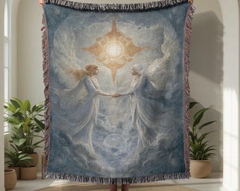 Manta Ethereal Angel 100% Algodão Tecido, Manta Amor Divino, Tapeçaria Artística Conexão Espiritual, Decoração de Casa Serenidade Celestial para Casais
