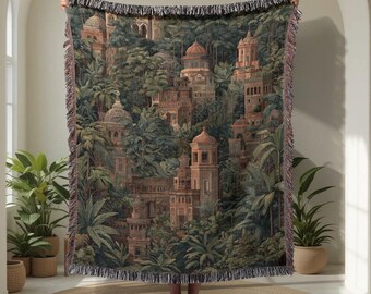 Coperta tessuta in cotone 100% con motivo "Architectural Jungle", coperta tessuta con tema "Natura e viaggio", coperta tessuta con motivo "Paesaggio urbano esotico", coperta con motivo "Edifici storici"