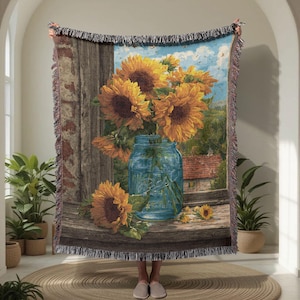 Sunflower 100% Cotton Woven Blanket, Rustic Floral Throw, Country Style Cozy Blanket, Cottage Inspired Home Decor, Warm Yellow Flower Gift.