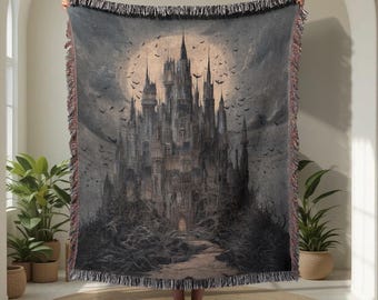 Gothic Castle 100% Cotton Woven Blanket, Vampire Lair Throw Blanket, For Horror Fan, Spooky Halloween Woven Tapestry, Dark Academia Reader