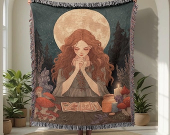 Mystical Witch Tarot Reader 100% Cotton Woven Blanket, Witchy Tarot Cards Woven Throw, Mystic Spiritual Hobby Woven Blanket, Halloween