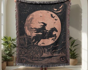 Headless Horseman 100% Baumwolle gewebte Decke, Halloween-Dekor gewebter Überwurf, Gotische Hexe Wandteppich Decke, gruselige Vollmond Couch Decke
