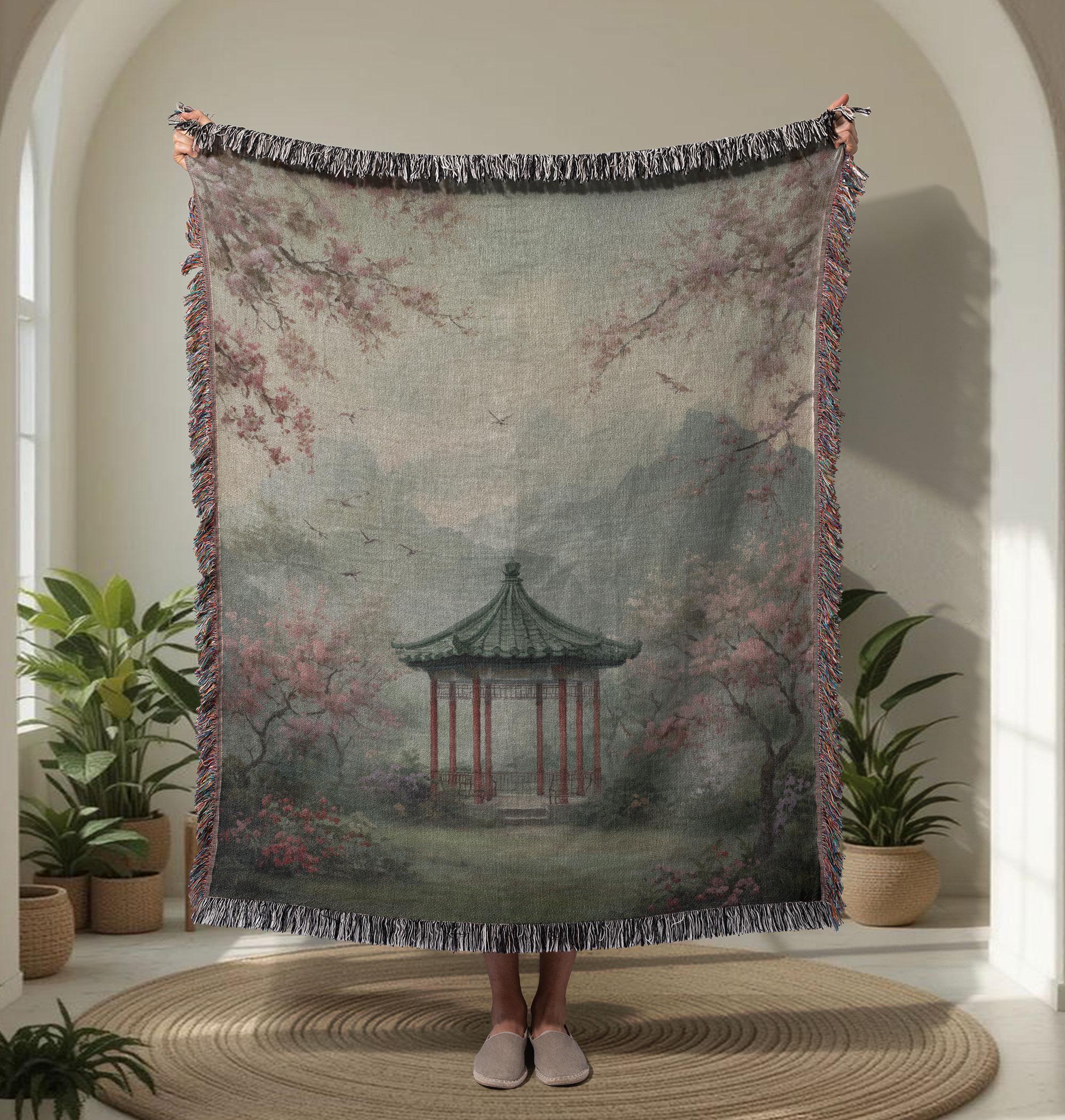 Japanese Garden 100% Cotton Woven Blanket, Cherry Blossom Tapestry