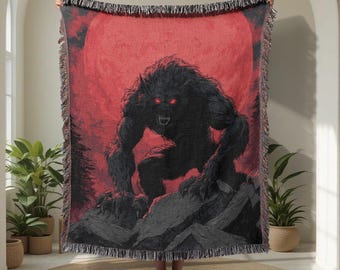 Werewolf Horror Creature 100% Cotton Woven Blanket, Monster Full Moon Blanket, Halloween Scary Animal Blanket, Gothic Dark Fantasy Blanket.