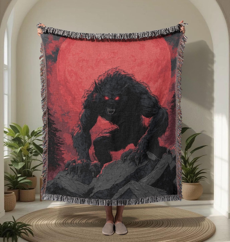 Werewolf Horror Creature 100% Cotton Woven Blanket, Monster Full Moon Blanket, Halloween Scary Animal Blanket, Gothic Dark Fantasy Blanket, Spooky Night Blanket