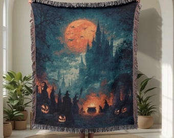 Witchy Halloween 100% Cotton Woven Blanket, Spooky Season Decor Woven Throw, Gothic Pagan Gift Tapestry Blanket, Haunted Castle Cotton Throw