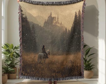 Fantasy Reader Gift 100% Cotton Woven Blanket, Medieval Castle Woven Throw, Fairytale Lover Tapestry Blanket, Bookish Birthday Gift Cotton