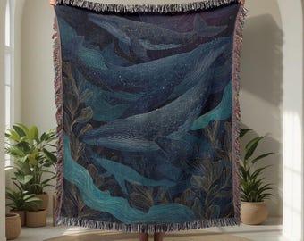Deep Sea Whale 100% Cotton Woven Blanket, Marine Life Ocean Art Throw Blanket, Mystical Underwater Tapestry, Nature Lover Home Decor Wall.