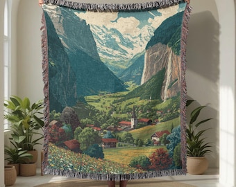 Swiss Alps 100% Cotton Woven Blanket, Lauterbrunnen Tapestry, Nature Lover Gift For Traveler, Wanderlust Vacation Woven Throw, Mountain.